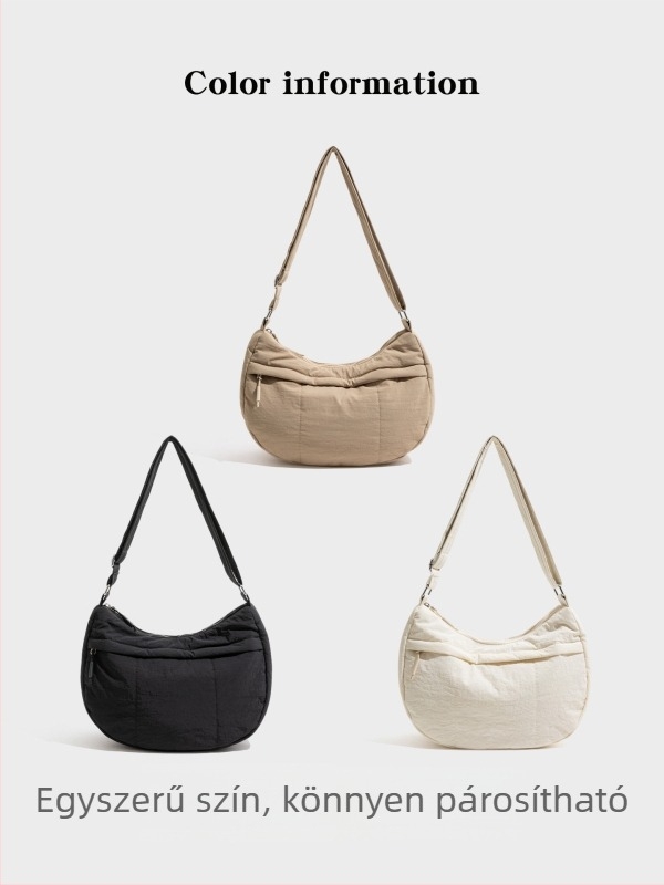 Nylonból készült crossbody dumpling táska, városi egyszerű stílus, cipzáros nyitás, belső cipzáras zseb és dokumentumzseb