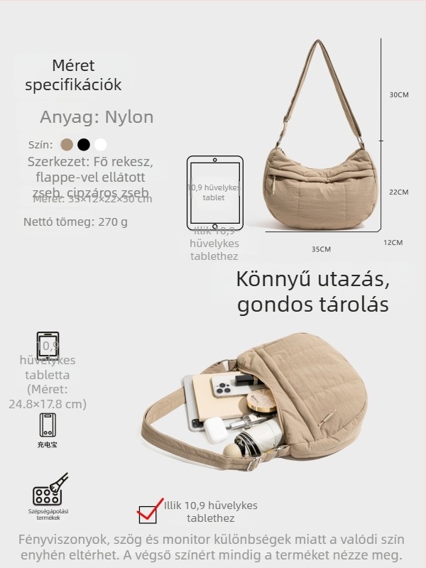 Nylonból készült crossbody dumpling táska, városi egyszerű stílus, cipzáros nyitás, belső cipzáras zseb és dokumentumzseb
