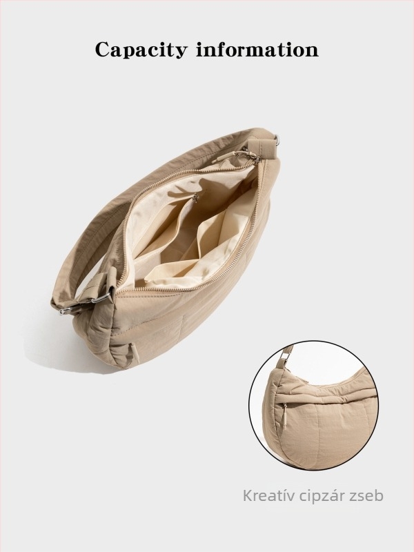 Nylonból készült crossbody dumpling táska, városi egyszerű stílus, cipzáros nyitás, belső cipzáras zseb és dokumentumzseb