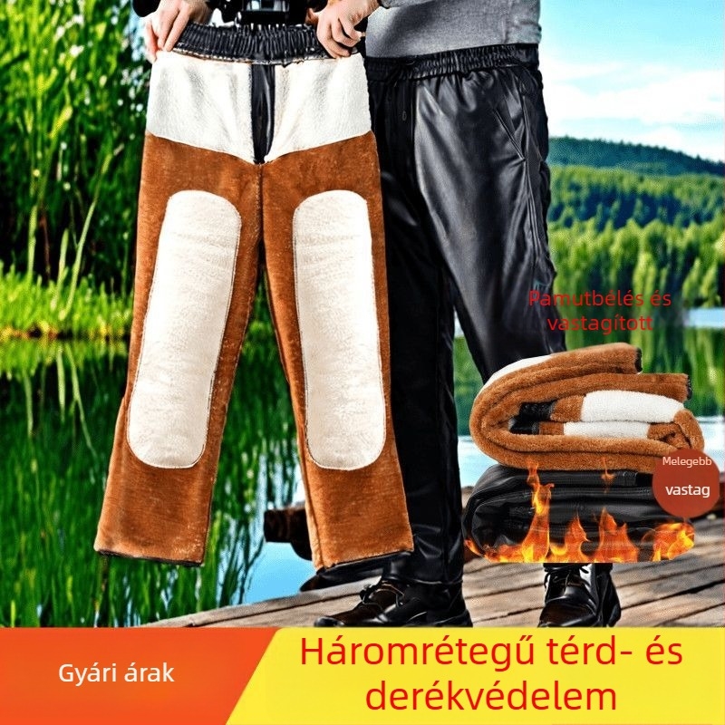 Férfi műbőr nadrág fleece-sel bélelt, magas derekú, szűk szabás, őszi viselet