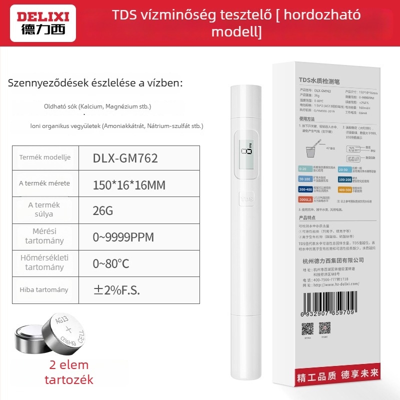 Delixi DLX-GM762 Hordozható Vízminőség-elemző - 0-9999 PPM mérési tartomány, ±2% F.S., 1.5V tápegység, felbontás 1