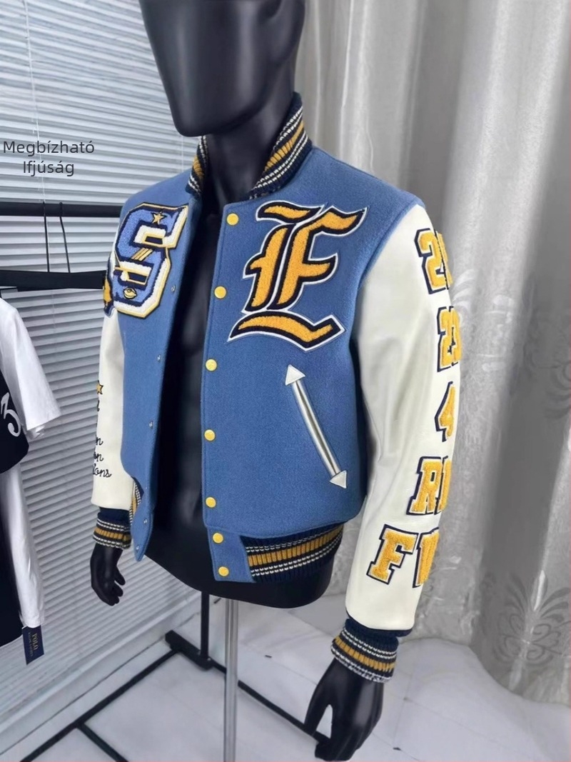 Sárga sas hímzett baseball dzseki, pamut-elasztán keverék, uniszex, rövid fazon, retro amerikai stílus