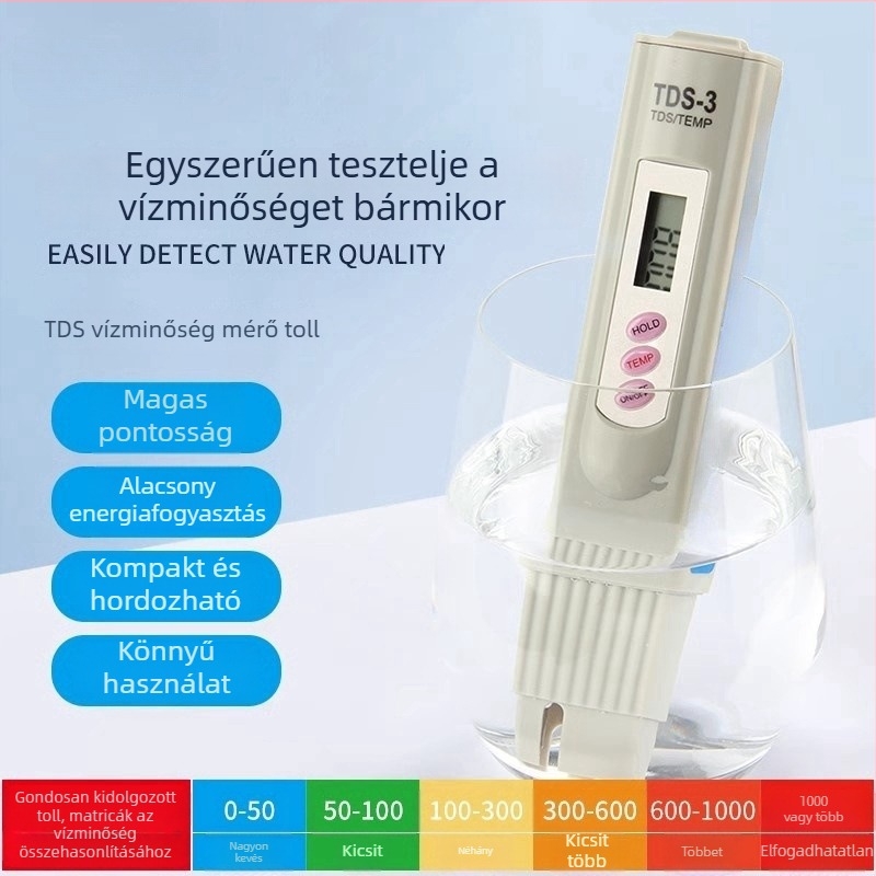 Hordozható TDS vízminőség-ellenőrző, modell TDS-3, mérési tartomány 0–9999, tápegység 1.5V×2, detekciós elemek 25051365121