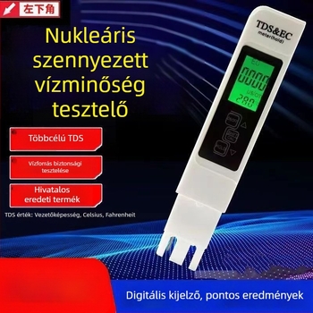 Hordozható vízminőség-analizáló — három az egyben: hőmérséklet, vezetőképesség és TDS, háztartási ivóvízhez.