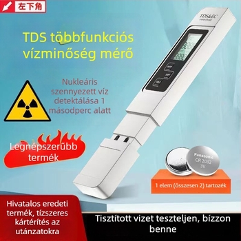 Hordozható vízminőség-analizáló — három az egyben: hőmérséklet, vezetőképesség és TDS, háztartási ivóvízhez.