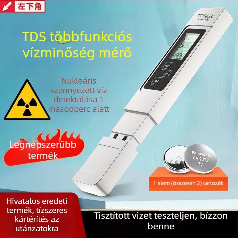 Hordozható vízminőség-analizáló — három az egyben: hőmérséklet, vezetőképesség és TDS, háztartási ivóvízhez.