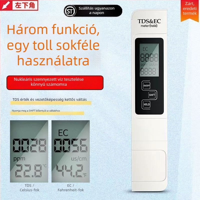 Hordozható vízminőség-analizáló — három az egyben: hőmérséklet, vezetőképesség és TDS, háztartási ivóvízhez.