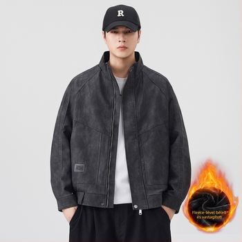 Férfi PU bőrdzseki fleece-béléssel, álló gallér, cipzár, középhosszú