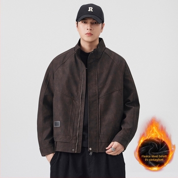 Férfi PU bőrdzseki fleece-béléssel, álló gallér, cipzár, középhosszú