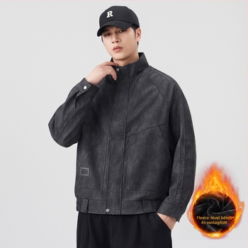 Férfi PU bőrdzseki fleece-béléssel, álló gallér, cipzár, középhosszú