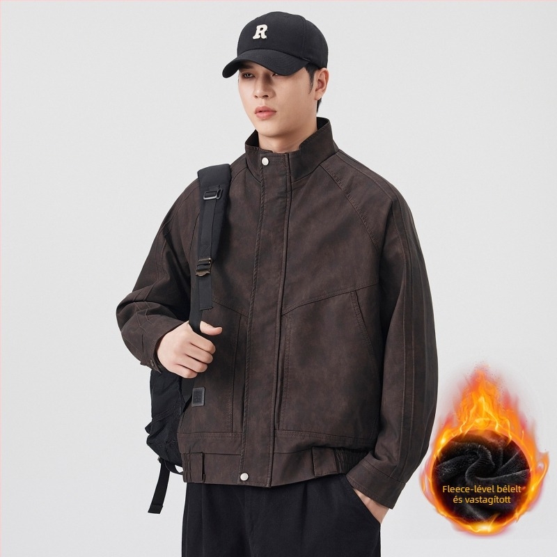 Férfi PU bőrdzseki fleece-béléssel, álló gallér, cipzár, középhosszú