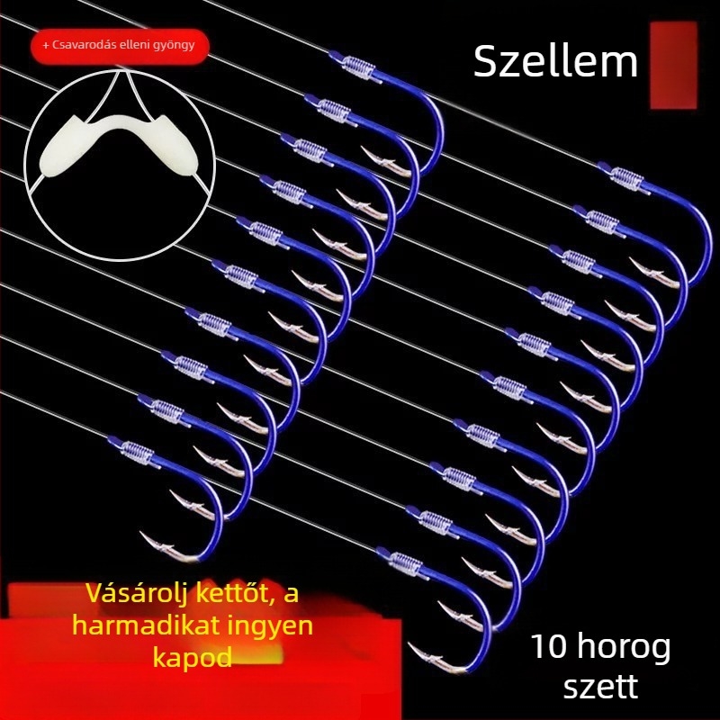 Tüskés, dupla horoggal ellátott horgok készlete, előre kötött vezetővel, 5-ös méret, 200 db