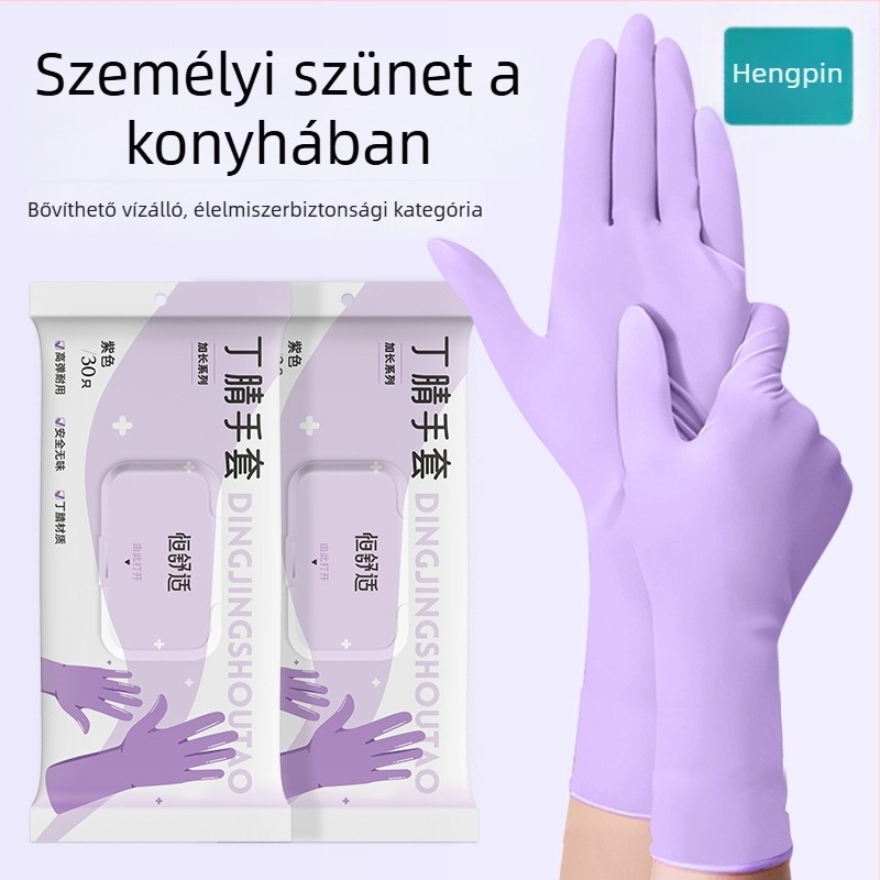 Nitril kesztyűk háztartási feladatokra és konyhai használatra; vízállóak, tartósak, egyszer használatosak, élelmiszerbiztonsági minőségű, meghosszabbított mandzsetta