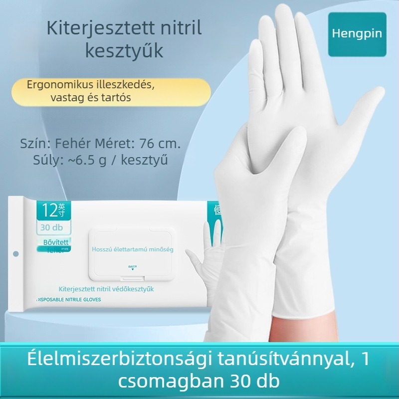 Nitril kesztyűk háztartási feladatokra és konyhai használatra; vízállóak, tartósak, egyszer használatosak, élelmiszerbiztonsági minőségű, meghosszabbított mandzsetta