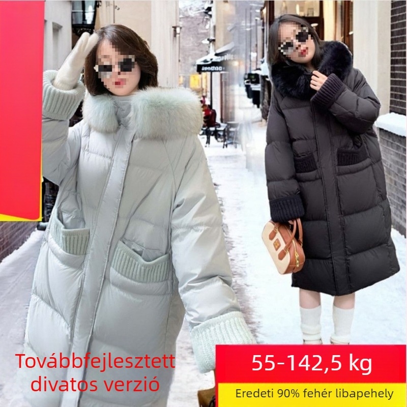 Pluszméretű koreai stílusú tollkabát nőknek, középhosszú téli kismama kabát nagy szőrme gallérral.
