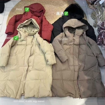 Női kapucnis pehelykabát középhosszú, nylon anyagú, fehér lúdpehelytöltet, 51–55% pehelytartalom, téli 2025