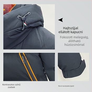 Férfi down kabát kapucnival, szélálló, 550 töltőerő, 86–90% pehely, cipzár