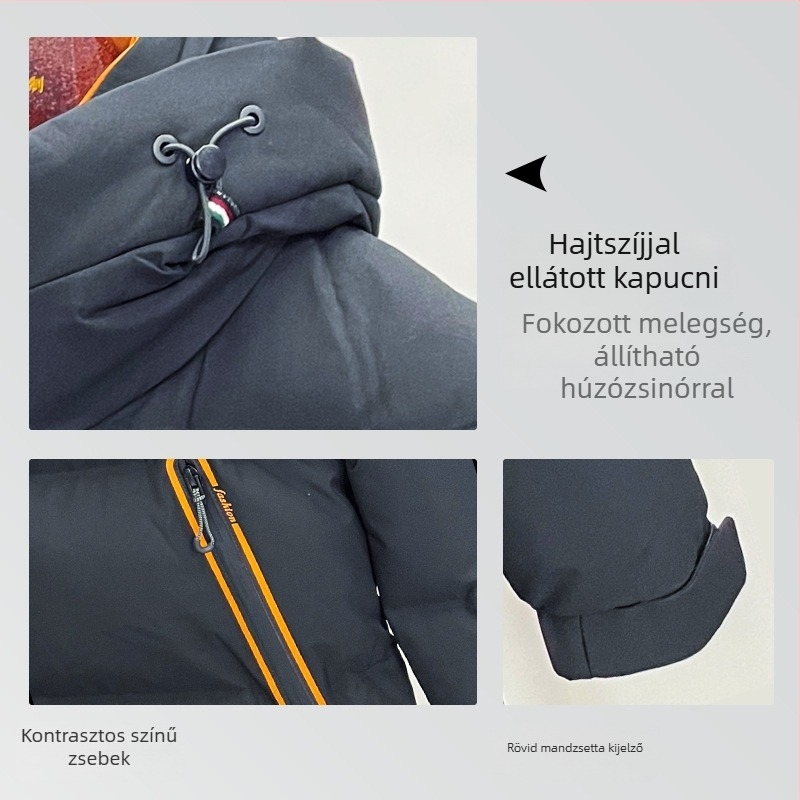 Férfi down kabát kapucnival, szélálló, 550 töltőerő, 86–90% pehely, cipzár
