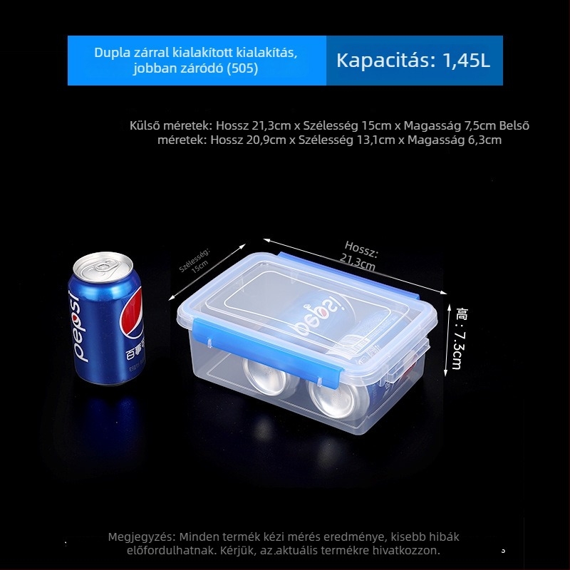 Szögletes élelmiszer-minőségű vastagított áttetsző műanyag tároló doboz fedővel, hűtőszekrénybe, nagy kapacitású, mikrohullámú sütőben használható