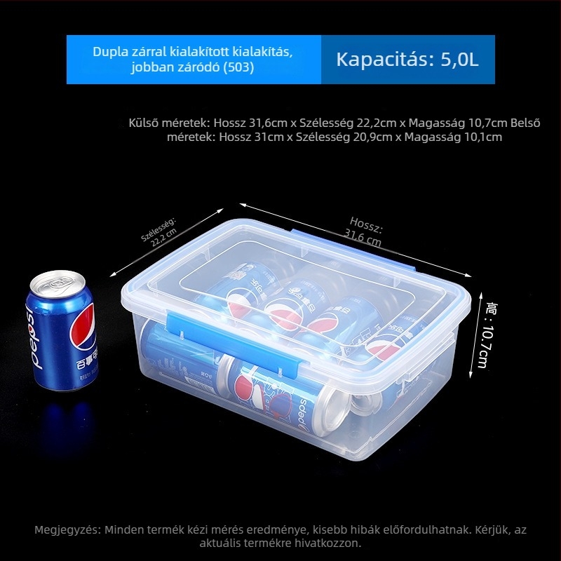 Szögletes élelmiszer-minőségű vastagított áttetsző műanyag tároló doboz fedővel, hűtőszekrénybe, nagy kapacitású, mikrohullámú sütőben használható
