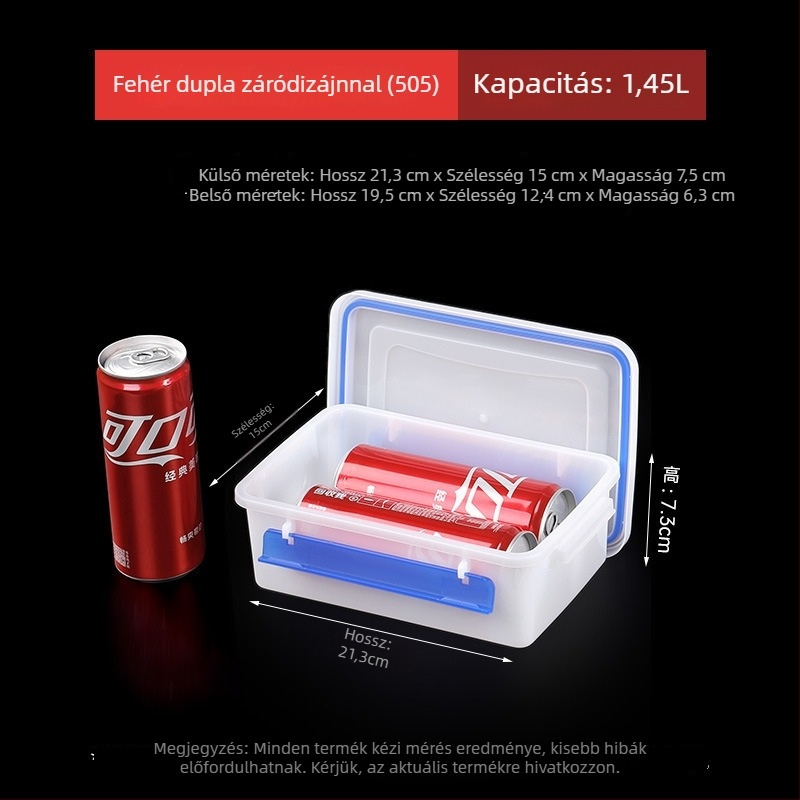 Szögletes élelmiszer-minőségű vastagított áttetsző műanyag tároló doboz fedővel, hűtőszekrénybe, nagy kapacitású, mikrohullámú sütőben használható