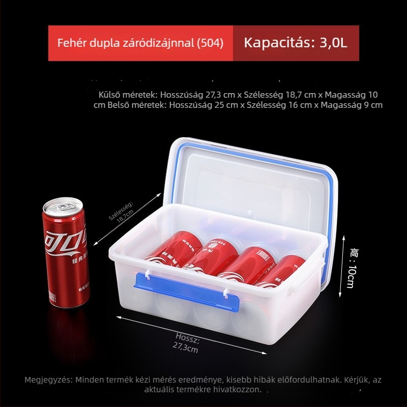 Szögletes élelmiszer-minőségű vastagított áttetsző műanyag tároló doboz fedővel, hűtőszekrénybe, nagy kapacitású, mikrohullámú sütőben használható