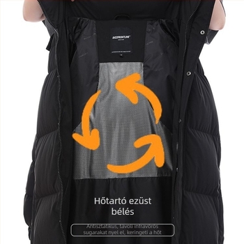 Női téli tollkabát, hosszú, térd fölé érő, laza szabású, fekete külső, fehér kacsa toll töltettel, levehető kapucnival
