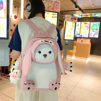 Japán-stílusú hátizsák nagyfülű medvével, nylon anyag, cipzáras nyitás, belső telefontartó zseb, városi minimalist dizájn
