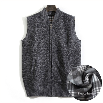 Férfi cipzáras kardigán mellény, ujjatlan, álló gallérral, fleece bélés, vastag anyag, gyapjú 36-40%