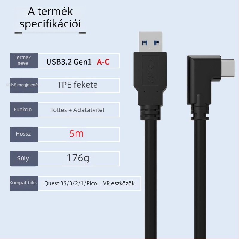 Oculus Quest 3 VR adatkábel – USB 3.0 / Type-C, PD gyorstöltés, 60W max, TPE anyag