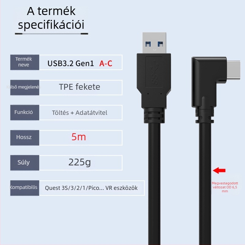 Oculus Quest 3 VR adatkábel – USB 3.0 / Type-C, PD gyorstöltés, 60W max, TPE anyag
