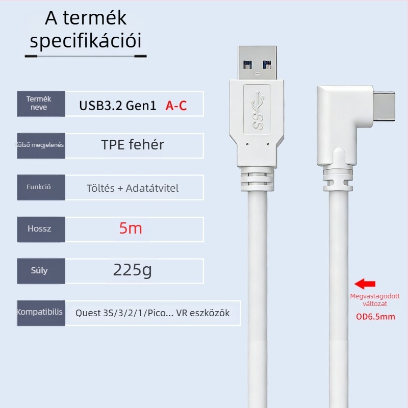 Oculus Quest 3 VR adatkábel – USB 3.0 / Type-C, PD gyorstöltés, 60W max, TPE anyag