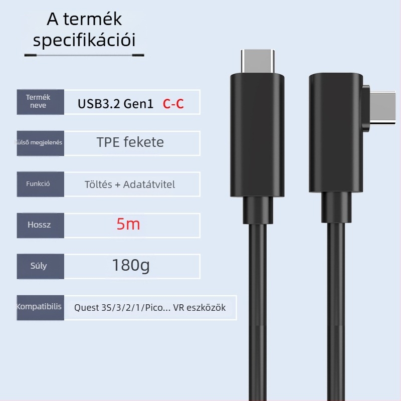 Oculus Quest 3 VR adatkábel – USB 3.0 / Type-C, PD gyorstöltés, 60W max, TPE anyag