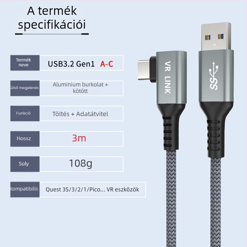 Oculus Quest 3 VR adatkábel – USB 3.0 / Type-C, PD gyorstöltés, 60W max, TPE anyag