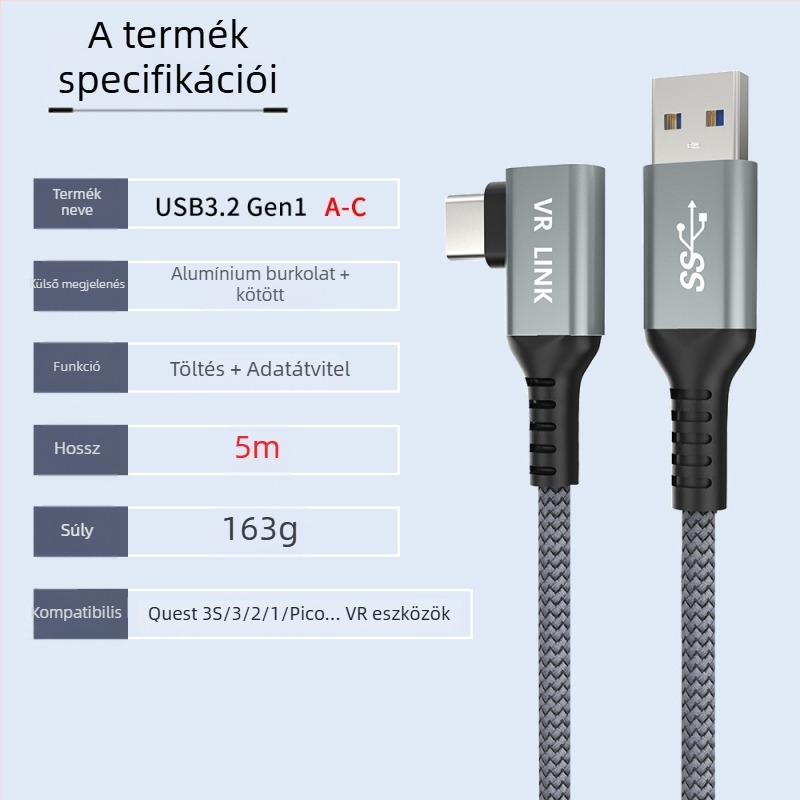 Oculus Quest 3 VR adatkábel – USB 3.0 / Type-C, PD gyorstöltés, 60W max, TPE anyag