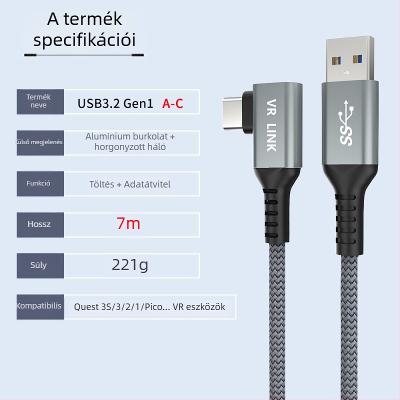 Oculus Quest 3 VR adatkábel – USB 3.0 / Type-C, PD gyorstöltés, 60W max, TPE anyag