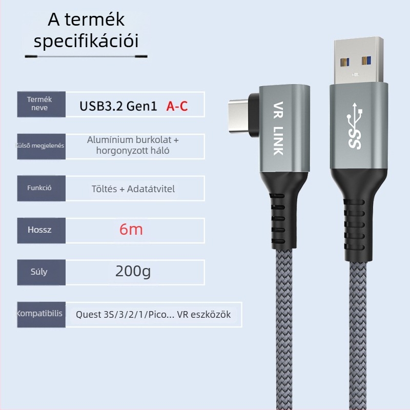 Oculus Quest 3 VR adatkábel – USB 3.0 / Type-C, PD gyorstöltés, 60W max, TPE anyag