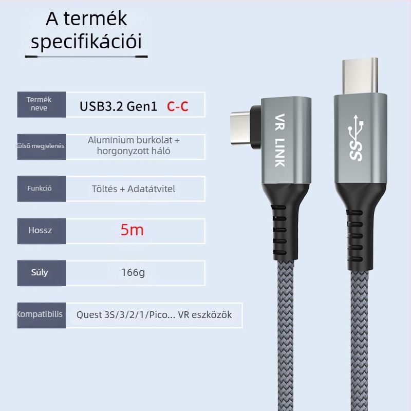 Oculus Quest 3 VR adatkábel – USB 3.0 / Type-C, PD gyorstöltés, 60W max, TPE anyag