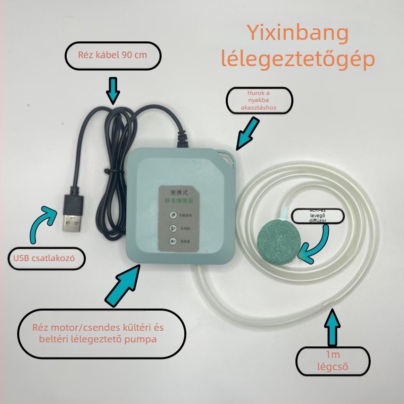 USB-s oxigénpumpa akváriumhoz, csendes, kompakt levegőztető