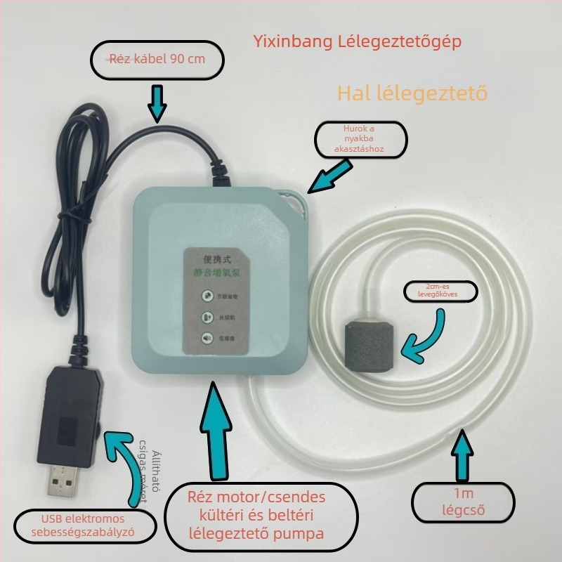 USB-s oxigénpumpa akváriumhoz, csendes, kompakt levegőztető