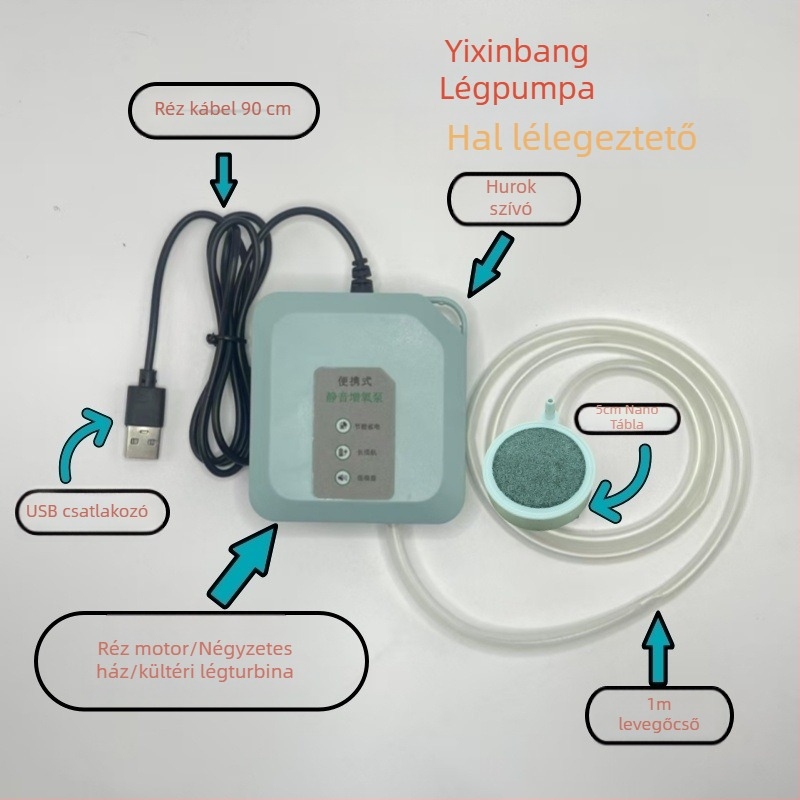 USB-s oxigénpumpa akváriumhoz, csendes, kompakt levegőztető