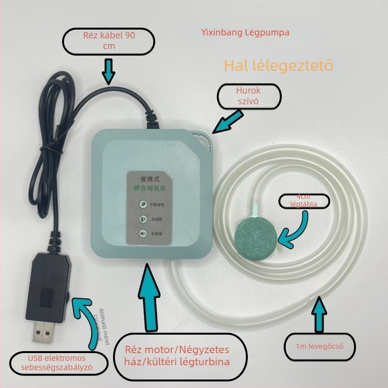 USB-s oxigénpumpa akváriumhoz, csendes, kompakt levegőztető