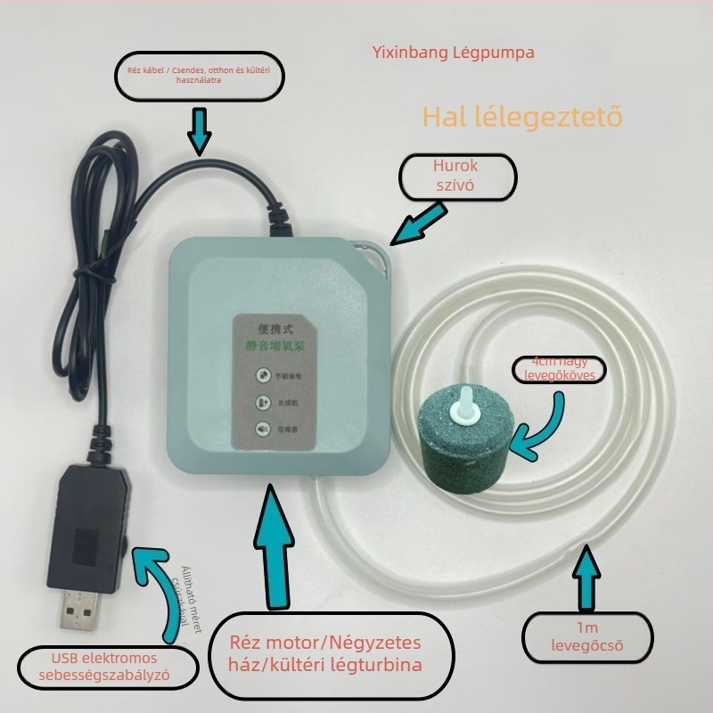 USB-s oxigénpumpa akváriumhoz, csendes, kompakt levegőztető