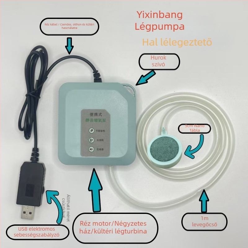 USB-s oxigénpumpa akváriumhoz, csendes, kompakt levegőztető