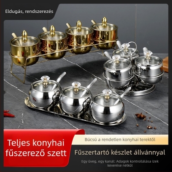 304 rozsdamentes acél fűszeresüveg készlet arany színben, kanállal, átlátszó üvegfedéllel, otthoni konyhához, több ízű készlet