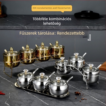 304 rozsdamentes acél fűszeresüveg készlet arany színben, kanállal, átlátszó üvegfedéllel, otthoni konyhához, több ízű készlet