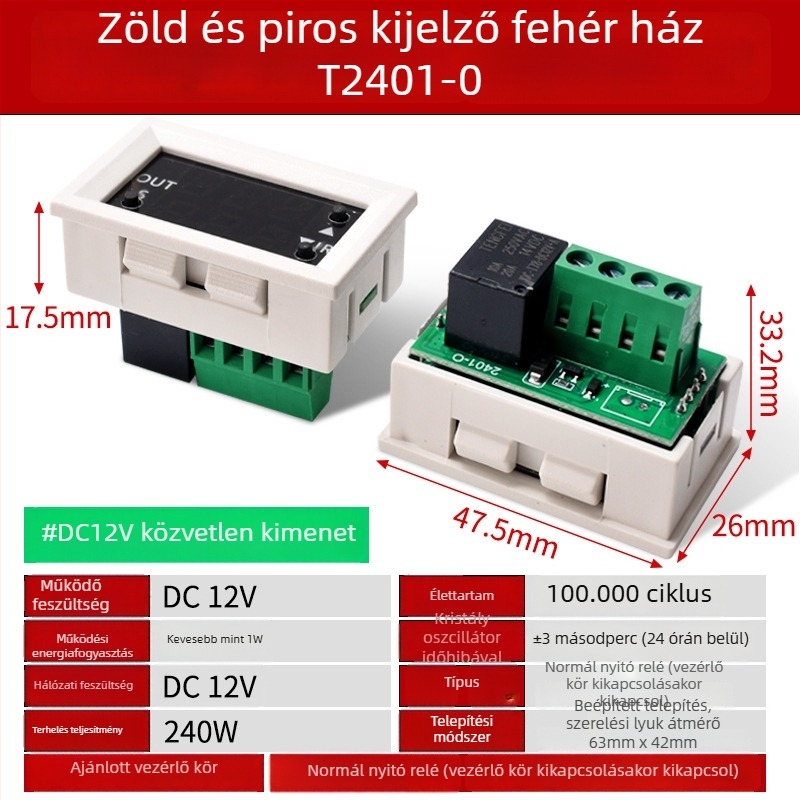 12V időzítő relé modul ciklikus be- és kikapcsolás funkcióval, digitális dupla LED kijelző