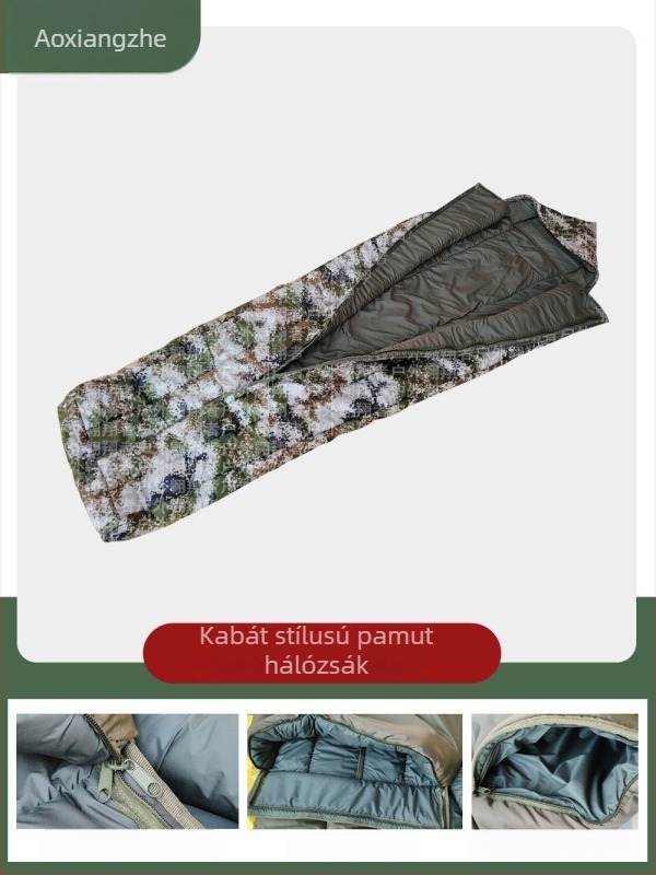Sounder kabát-stílusú hálózsák, katonai zöld kamuflázs mintával, múmia-forma, meleg szigetelés kültéri kempingezéshez