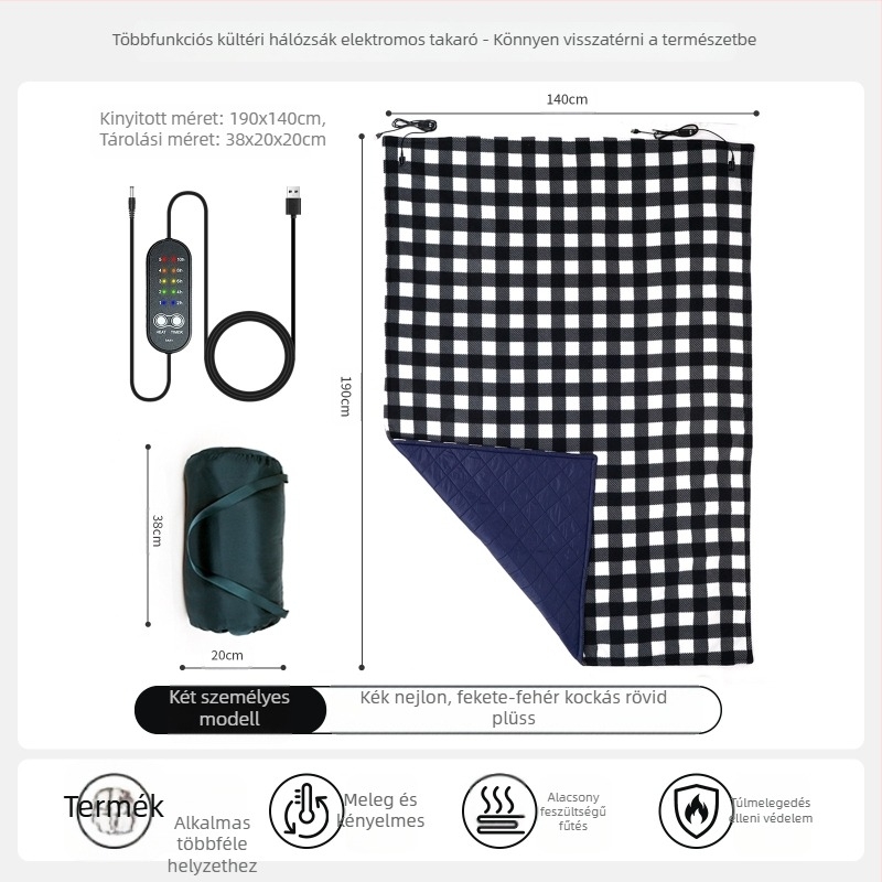 Kempingezéshez készült elektromos pléd járművi áramellátással, 5V, 10W, 5 fűtési beállítás, szintetikus szövet