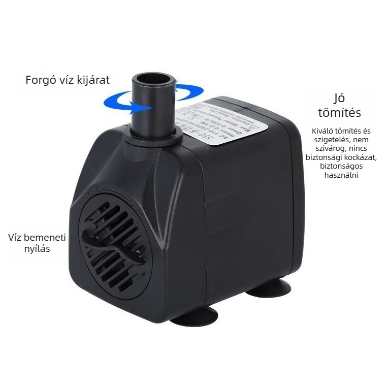 Csendes működésű merülő akváriumpumpa, műanyag kivitel, oldalsó szívás, fejlett kiadás
